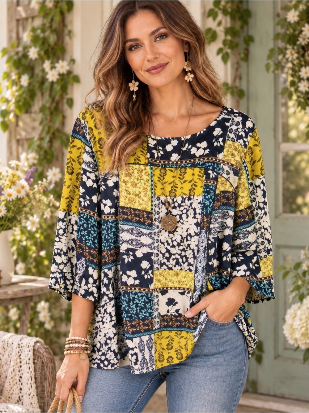 J.Jill Women’s 2X Floral Patchwork Tunic Top 3/4 Sleeve Rayon Boho Cottagecore